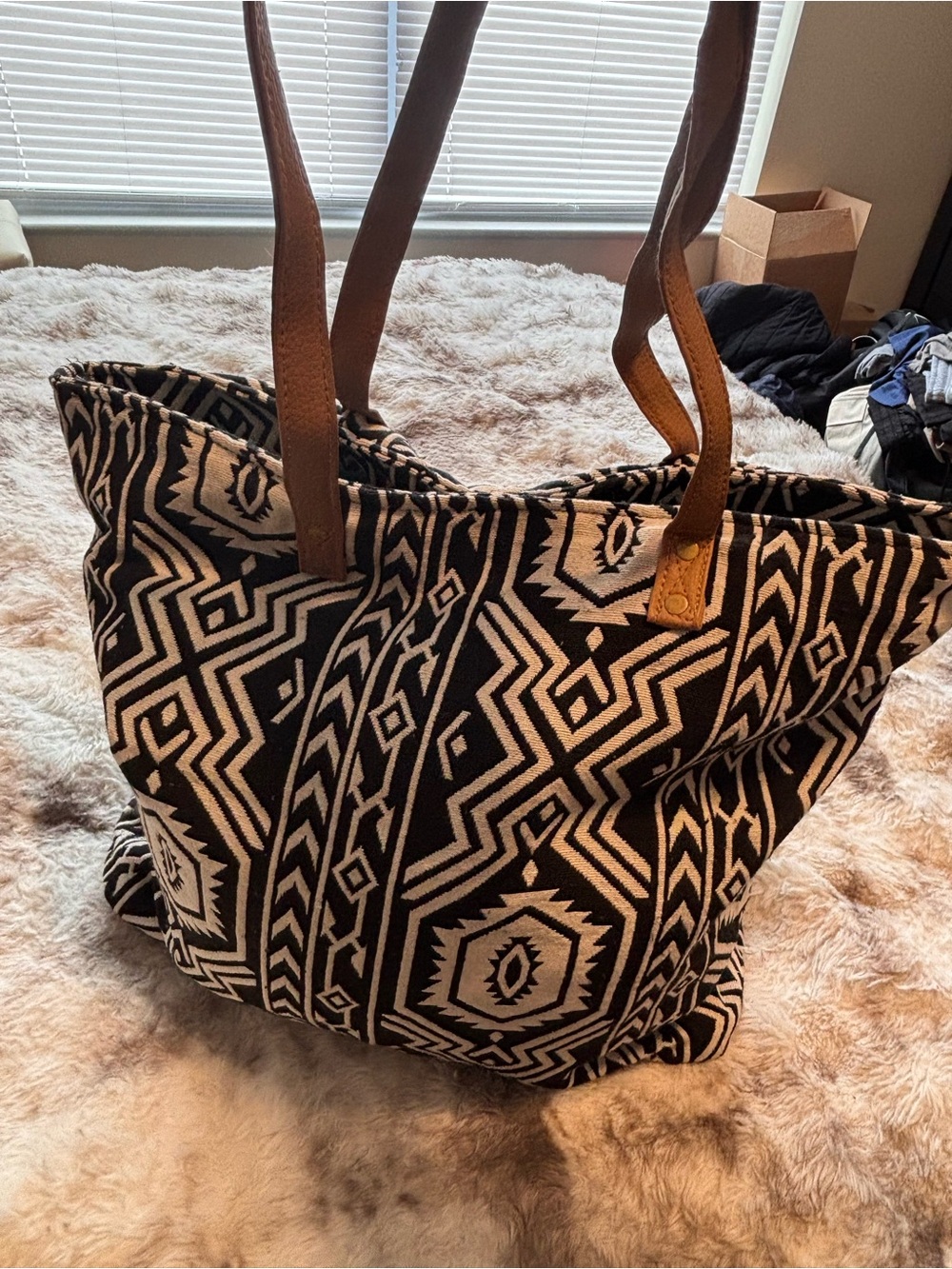 Boho Black and white Geometric Tote Bag with Brown Straps